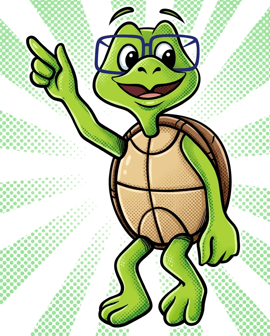 Mr. Turt, a friendly green turtle in blue glasses, pointing the way