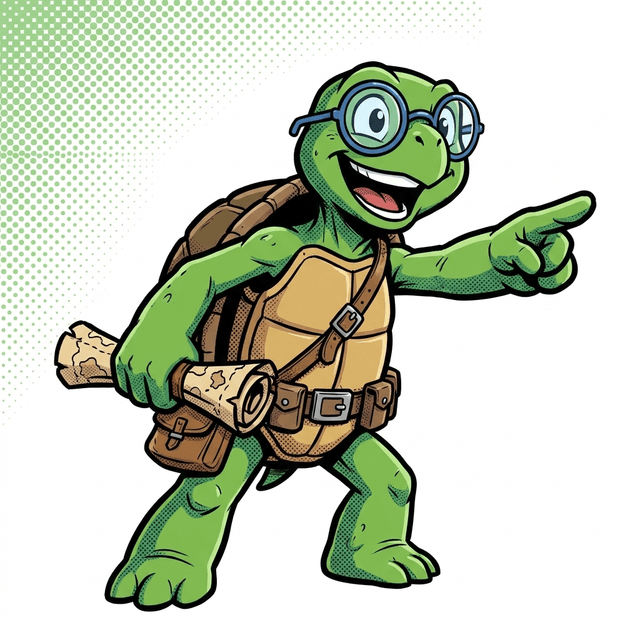 Mr. Turt as an explorer with a treasure map, pointing ahead