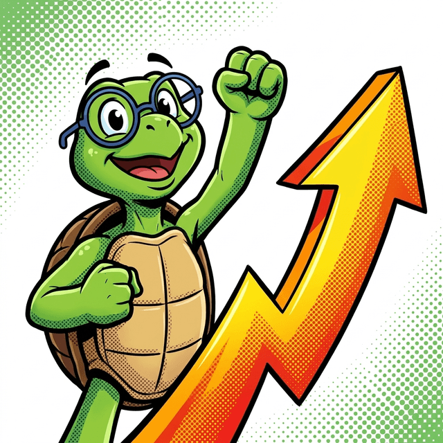 Mr. Turt cheering beside a rising arrow