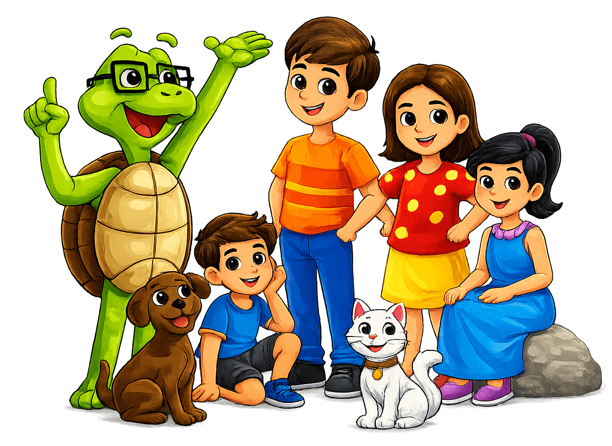 Mr. Turt with a group of happy kids, a puppy and a kitten