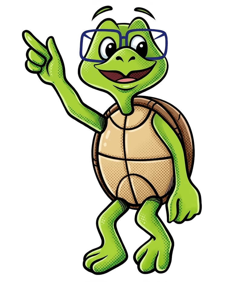 Mr. Turt, a green turtle in blue glasses, points the way with a big grin